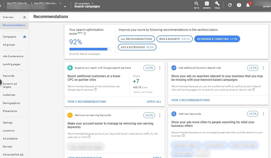 enabling Google Ads auto recommendations