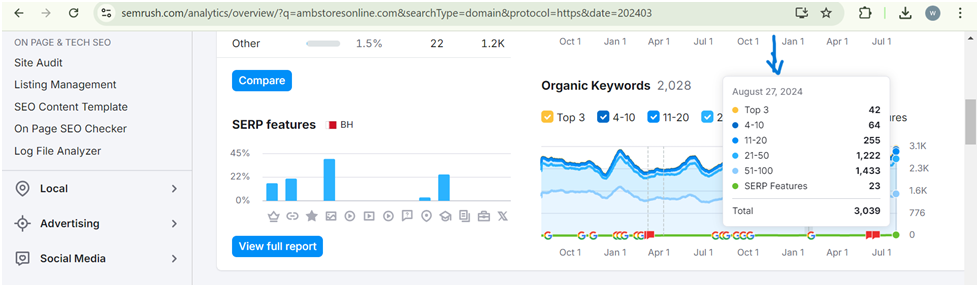 Rise in number of organic keywords ranking